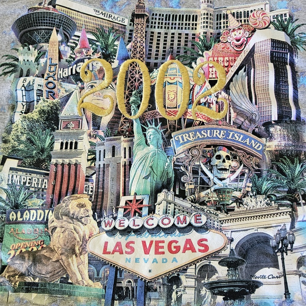 Vintage 2002 Las Vegas Strip Graphic T Shirt XL Gildan Gray Y2K Souvenir Tee
